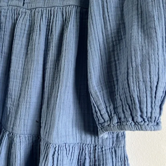 Blue cotton shirt dress / mini dress with collar and 3/4 length sleeves - Picture 4 of 7